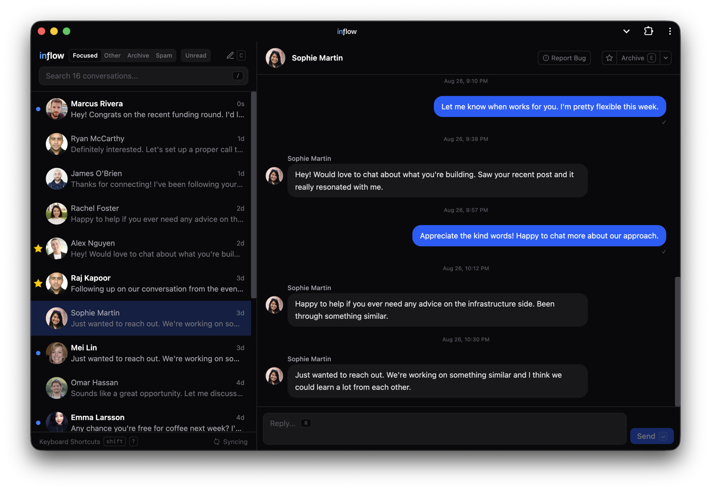 inƒlow running as a desktop app in dark mode — conversation list on the left, thread on the right