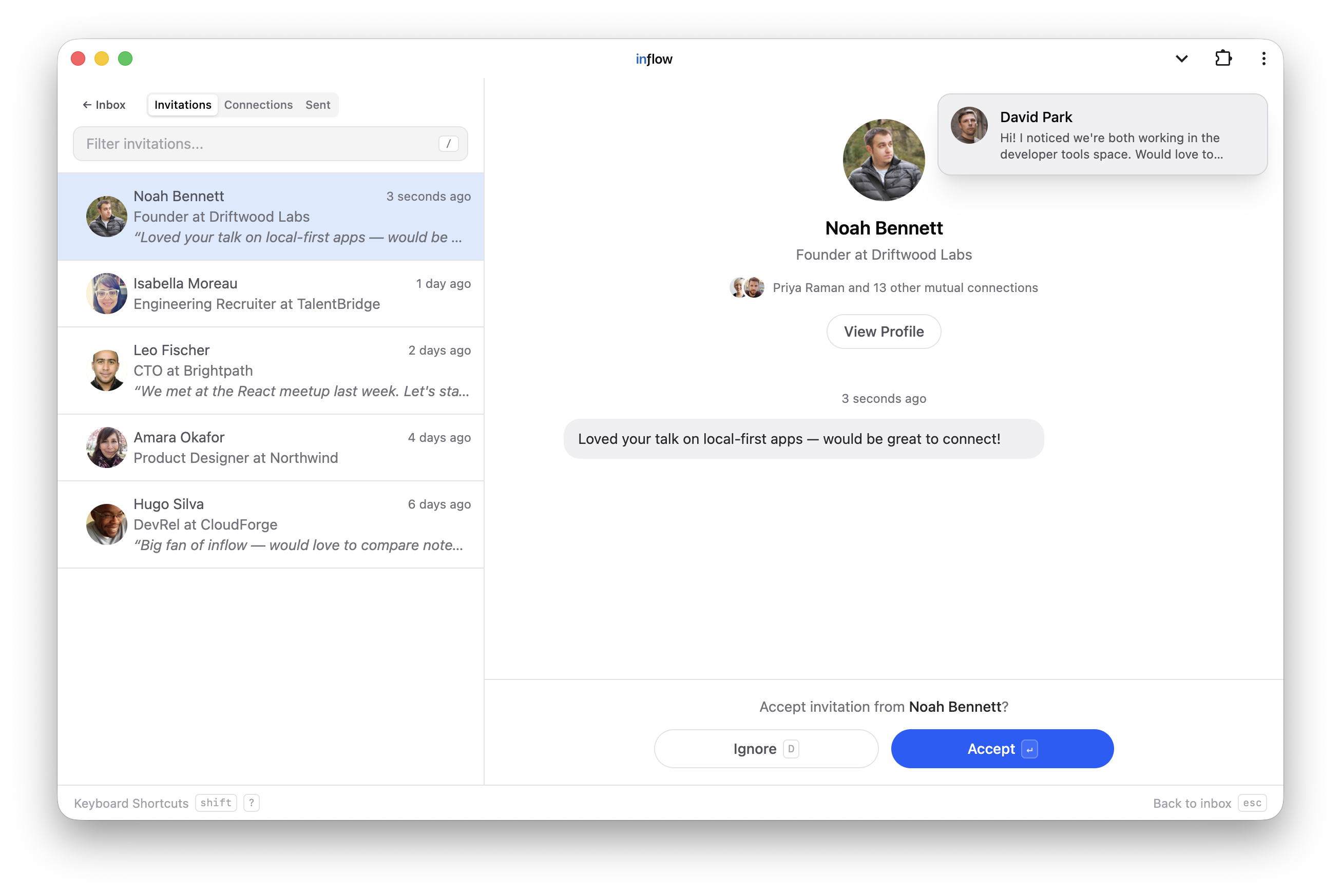 The Network view's Invitations tab — a request from Noah Bennett selected, his note shown as a message and mutual connections under the headline