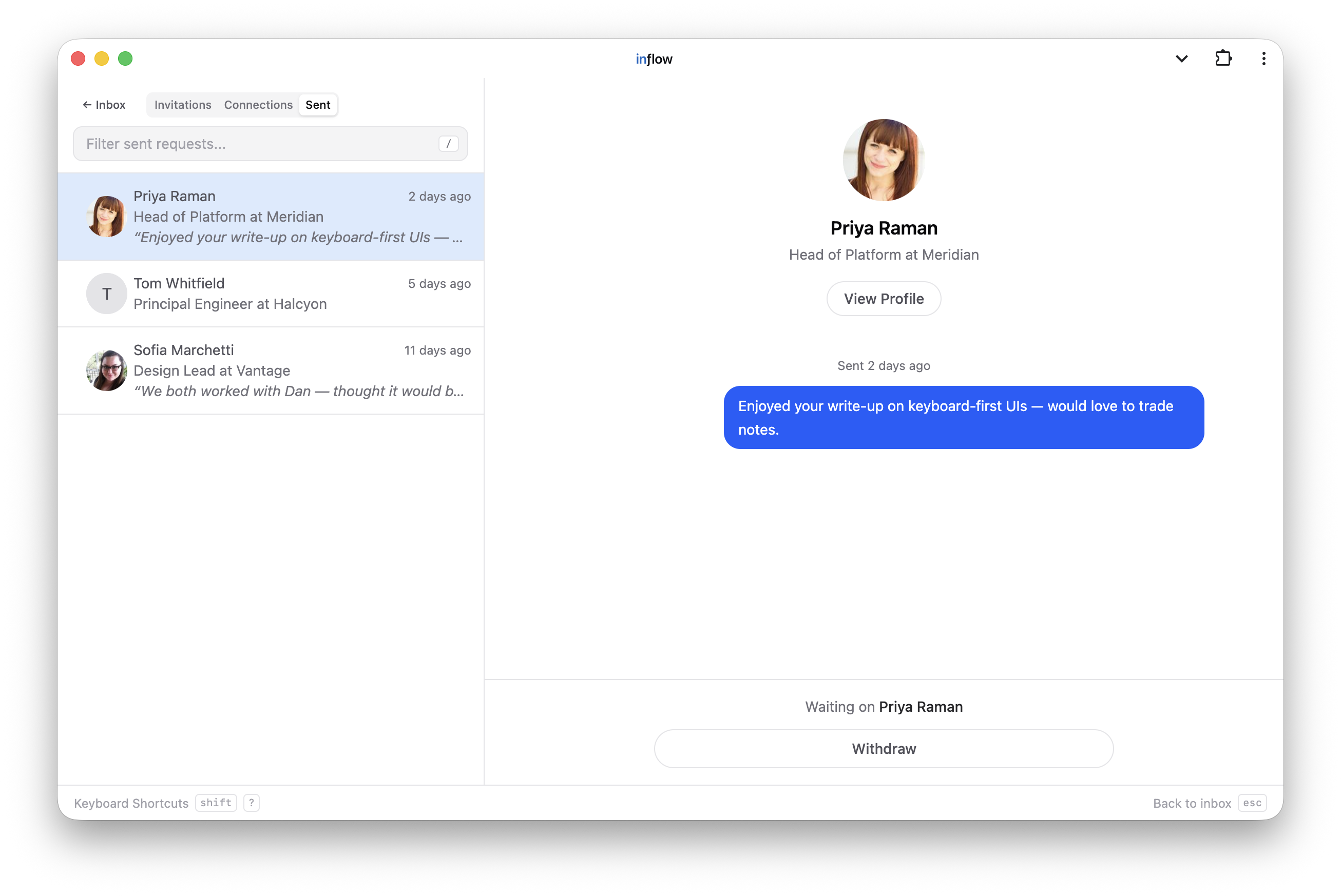 The Sent tab — a request to Priya Raman with the note that was attached and a Withdraw button